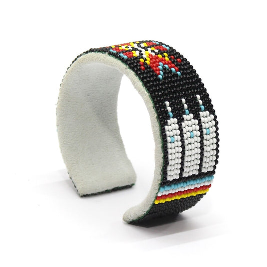 Adjustable Black Red Fire Pattern Hard Cuff Beaded Handmade Bracelet - 34.0 grams, 6.5 inch length