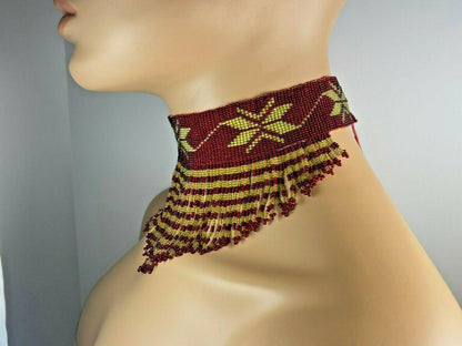 Statement Handmade Ethnic Beaded Red Gold Beaded Choker Necklace N9/4
