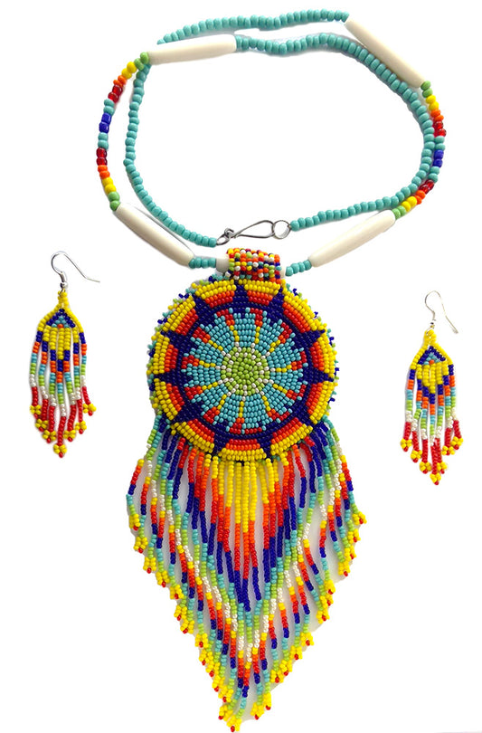 Yellow Blue Seed Beaded Star Necklace Earrings