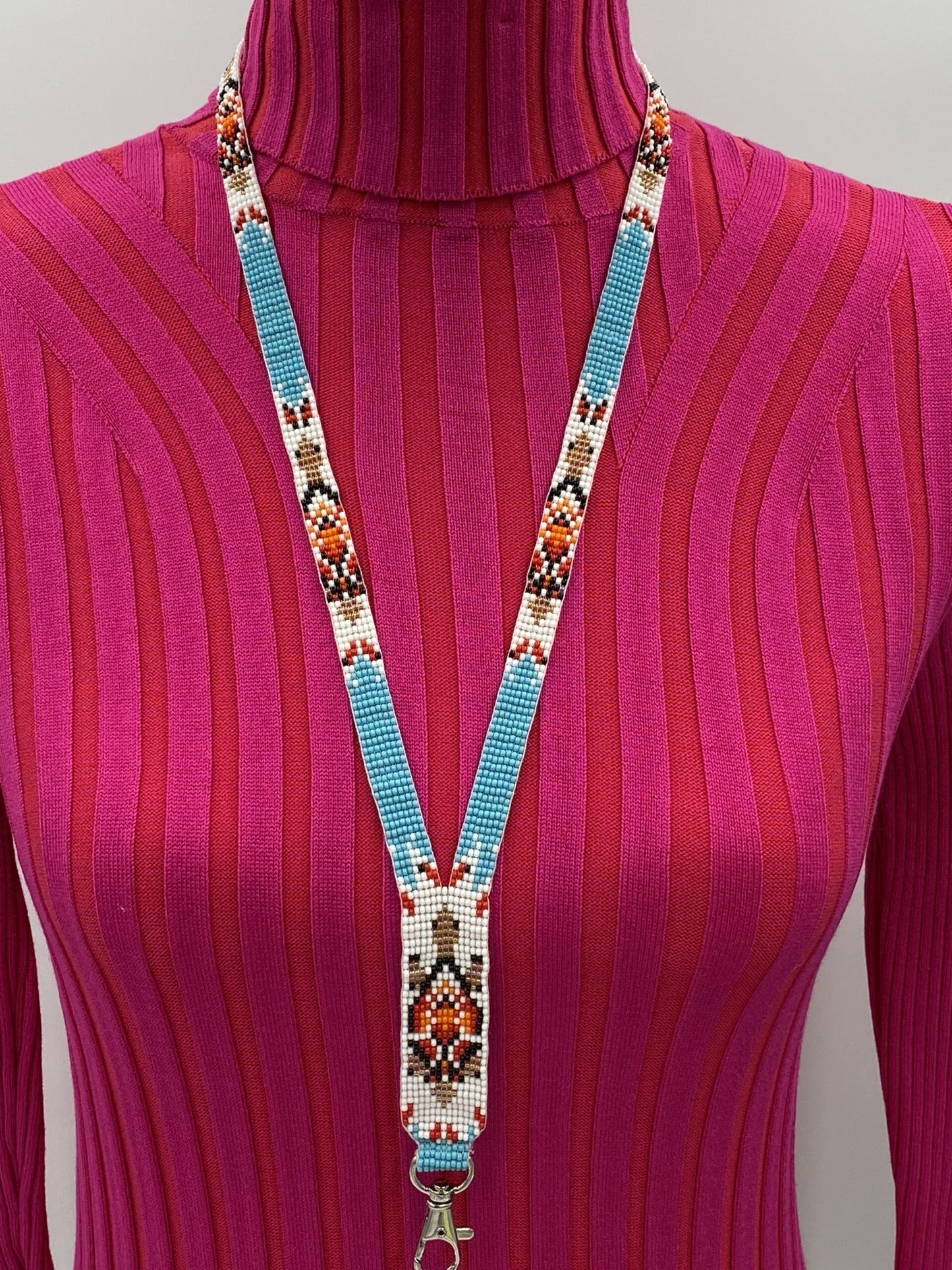 Handmade Beaded Turtle Pattern Seed Beaded Lanyard ID Holder - Cyan Blue, White, Red, Gold