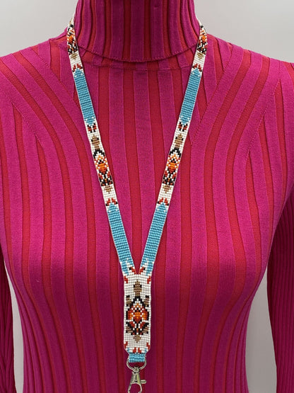 Handmade Beaded Turtle Pattern Seed Beaded Lanyard ID Holder - Cyan Blue, White, Red, Gold