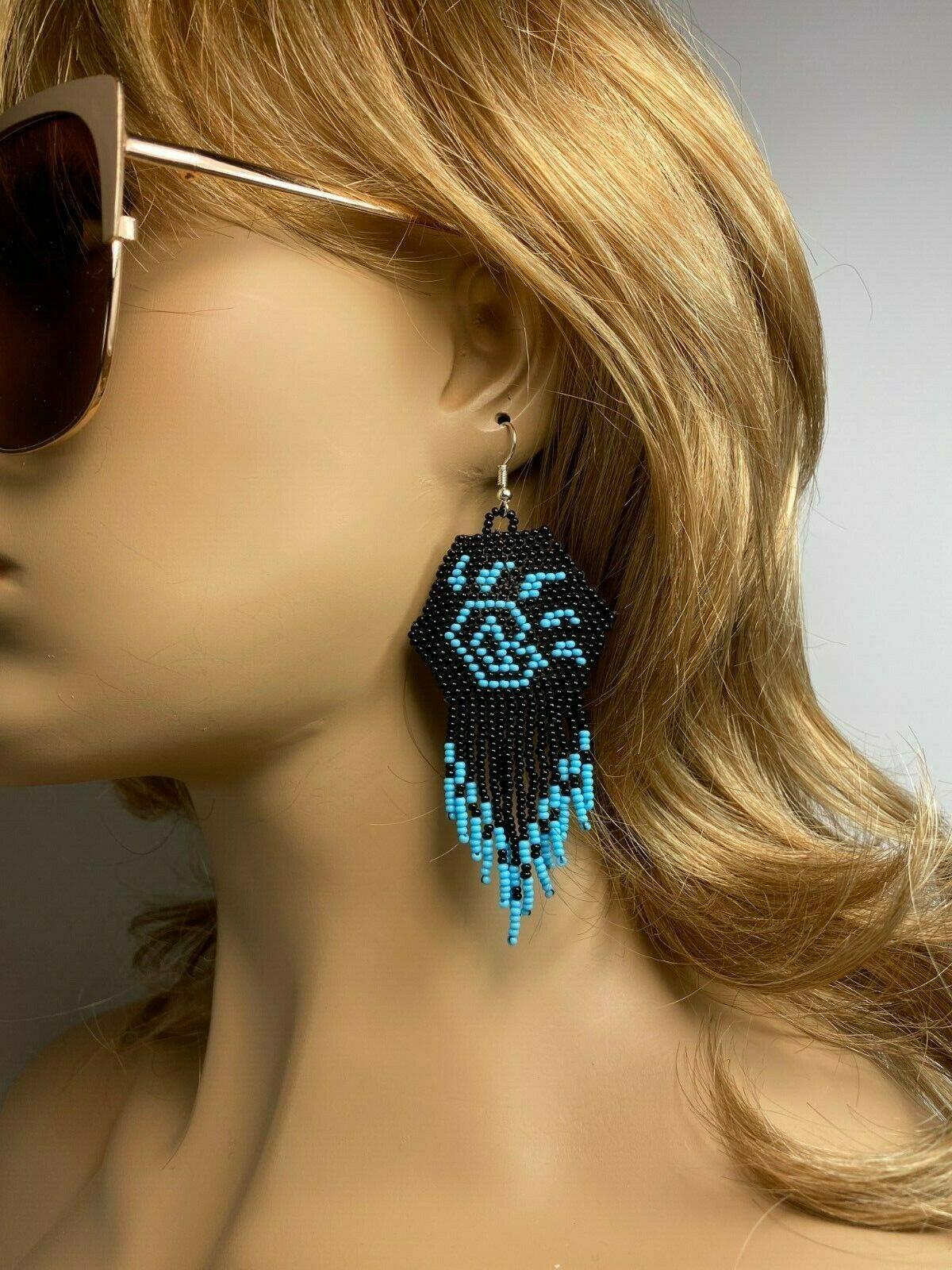 Native Style Bear Paw Ethnic Blue Black Beaded Handmade Chandelier Earrings