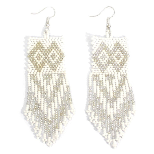 Handmade Beaded White Seed Bead Big Native Style Earrings