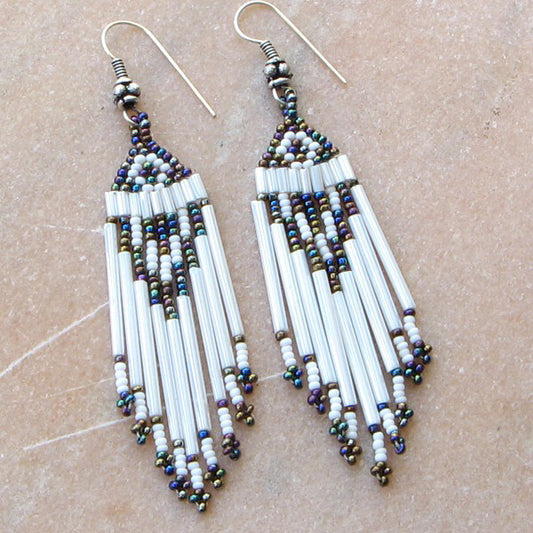 Iris Black White Bugle Seed Beaded Earrings