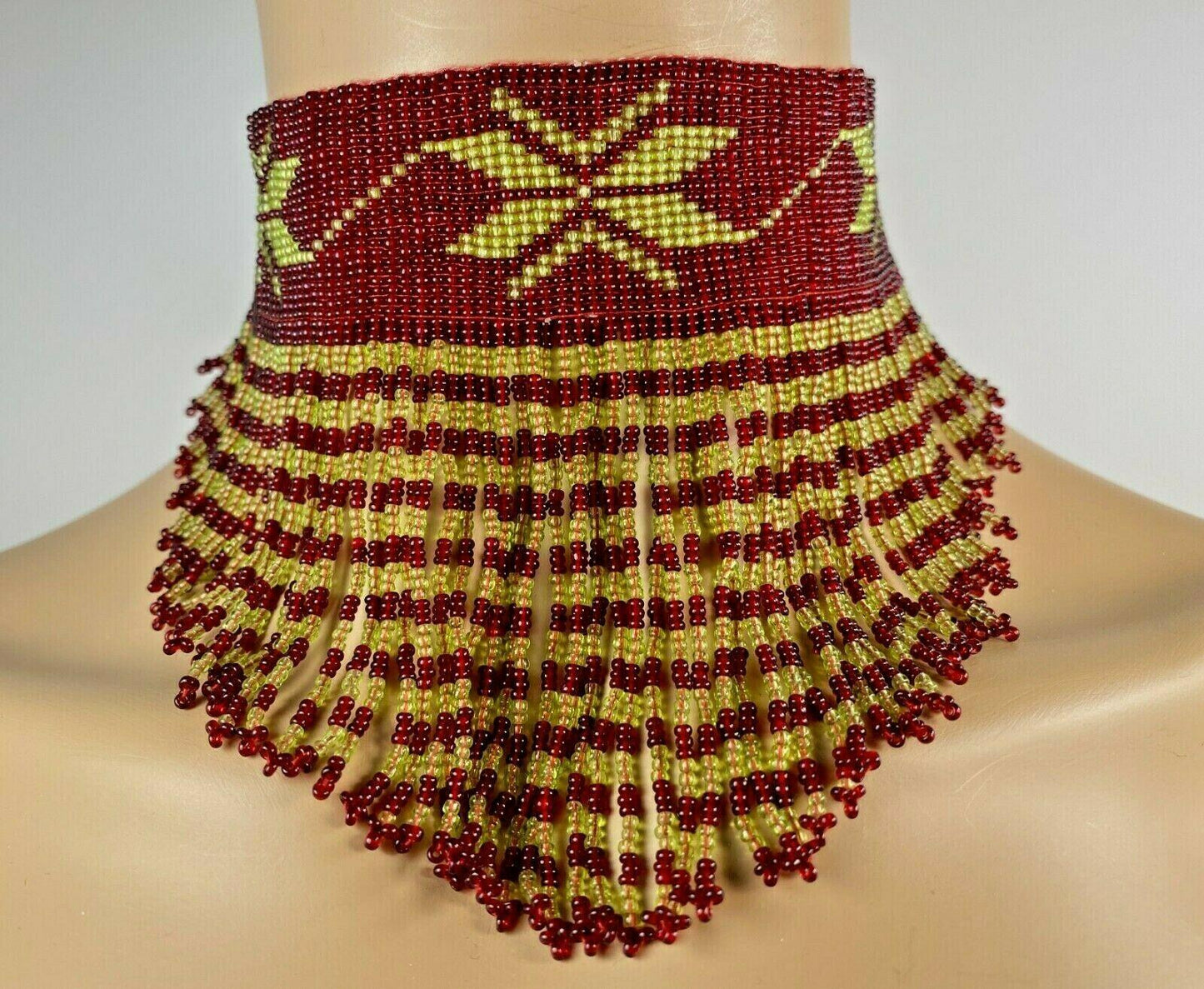 Statement Handmade Ethnic Beaded Red Gold Beaded Choker Necklace N9/4