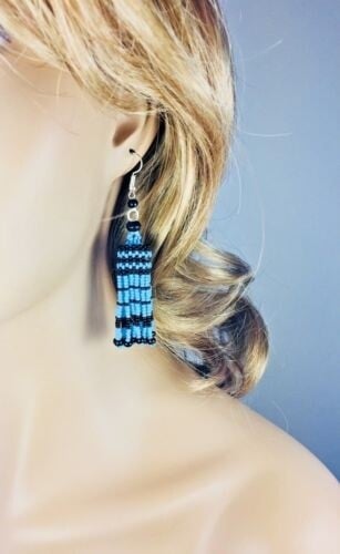 Handmade Beaded Turquoise Blue Black Hook Earrings
