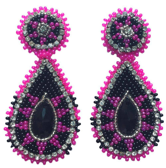 Handmade Beaded Teardrop Shape Post Earrings with Czech Seed Beads - 3 Inches Long, 1.5 Inch Wide - Pink Black