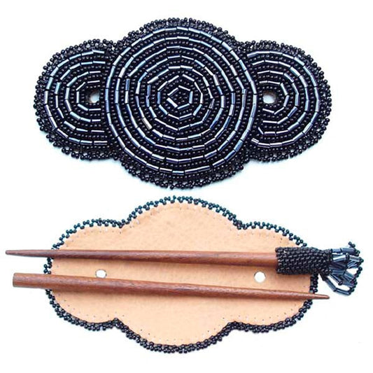 Beaded Barrette Wood Stick Slide Black Silver Rosettes