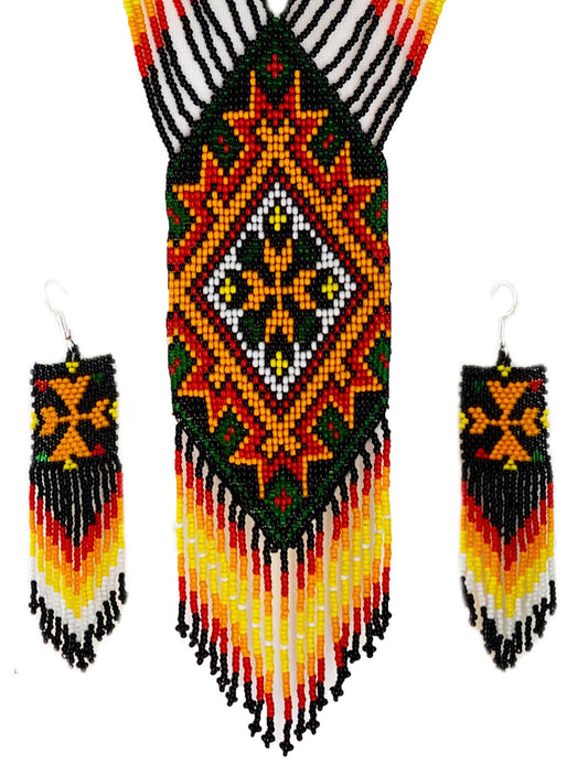 Handcrafted Ethnic Native Style Multi-Color Geometric Pattern Beaded Necklace Earrings Set