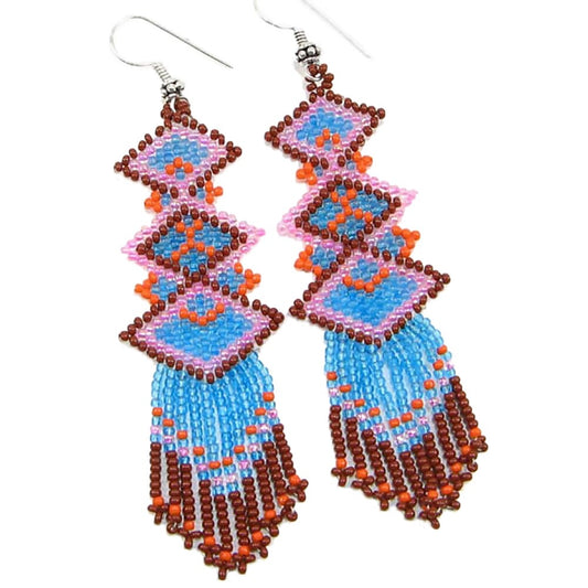 Brown Pink Sky Blue Seed Beaded Earrings Handmade