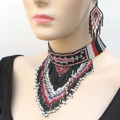 Black Pink Seed Beaded Bib Necklace Earrings Set