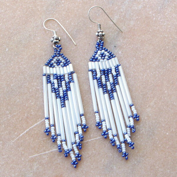 Handmade Beaded Metallic Blue White Seed Bead Earrings