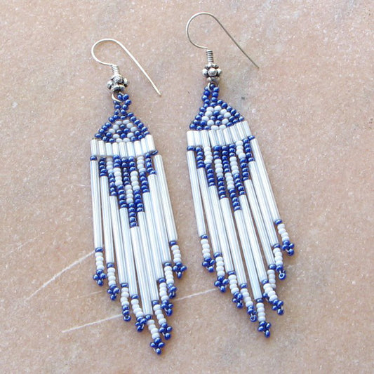 Handmade Beaded Metallic Blue White Seed Bead Earrings