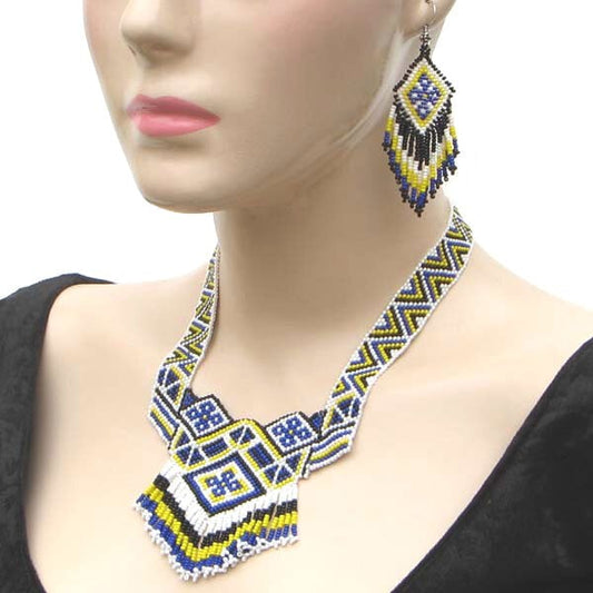 Blue White Yellow Geometric Art Lariat Bib Necklace Earrings