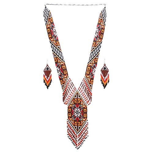 Native Tribal Style Long Statement Beaded Necklace for Women Y Shape - Orange Brown Southwest