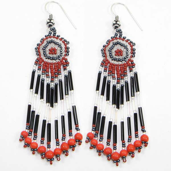 Handmade Beaded Red Black Bugle Seed Bead Earrings