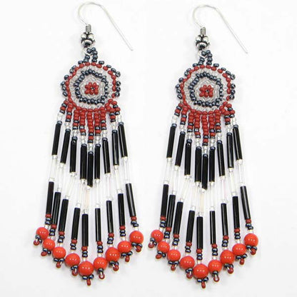 Handmade Beaded Red Black Bugle Seed Bead Earrings