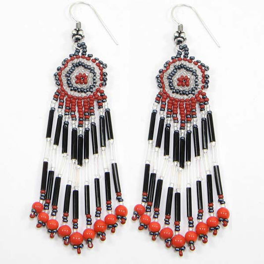 Handmade Beaded Red Black Bugle Seed Bead Earrings