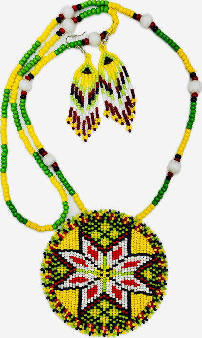 Handmade beaded Yellow Flower Medallion necklace earrings set