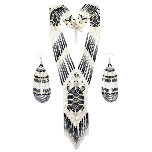 Turtle Grey Chunky Native Style Inspired Beaded Necklace Earrings Set