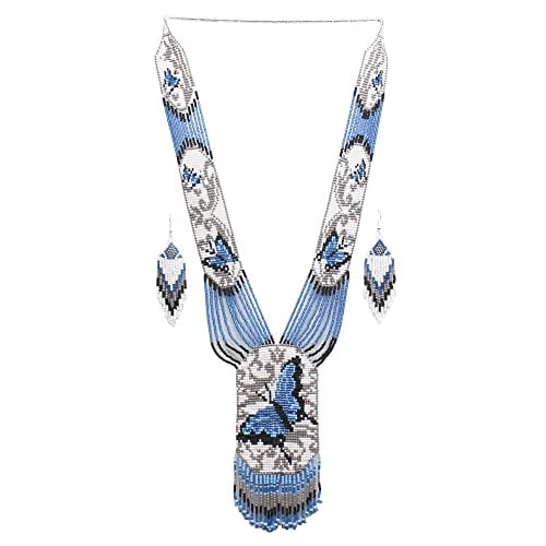 Native Tribal Style Long Statement Beaded Necklace for Women Y Shape - White Blue Butterfly