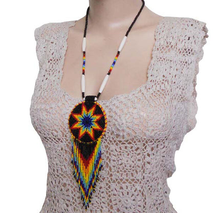 Black Fire Seed Beaded Star Medallion Necklace Earrings Set
