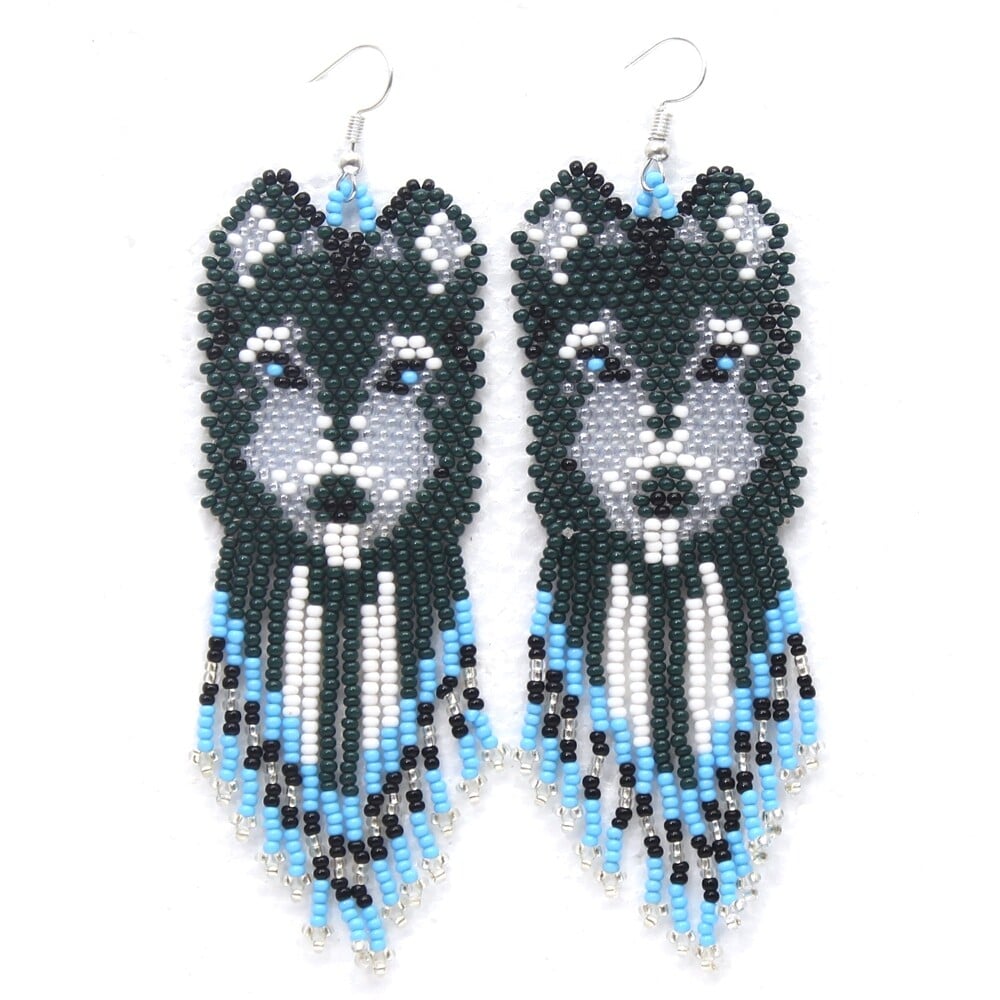 Handmade Beaded Green Blue Wolf Pattern Hook Earrings | Lightweight and Elegant