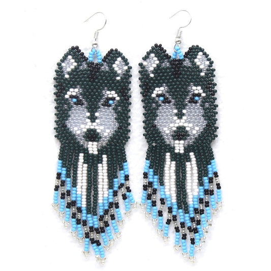 Handmade Beaded Green Blue Wolf Pattern Hook Earrings | Lightweight and Elegant