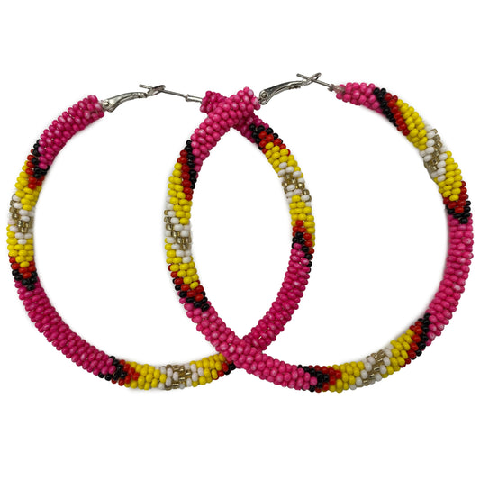 Handmade Native Style 3 Inch Hoop Earrings with Czech Seed Beads - Fuchsia