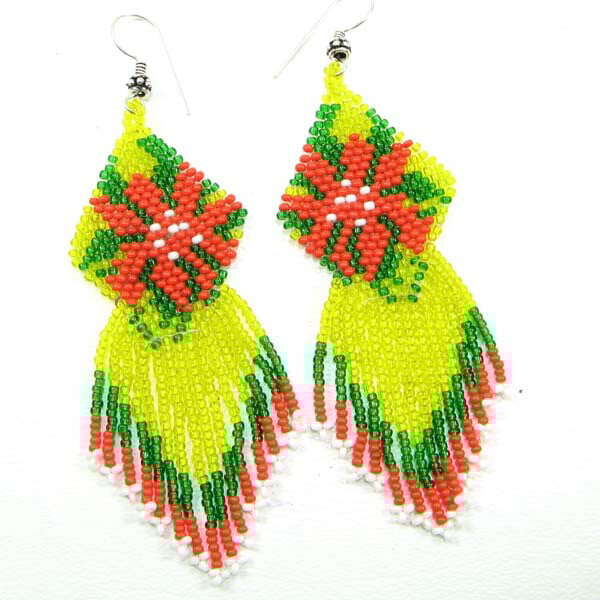 Yellow Red Beaded Flower Beadwork Earrings