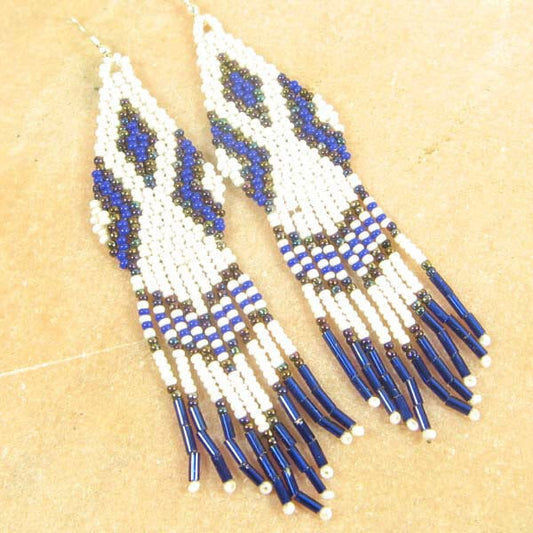 Blue White Seed Beads Long Beaded Earrings Silver