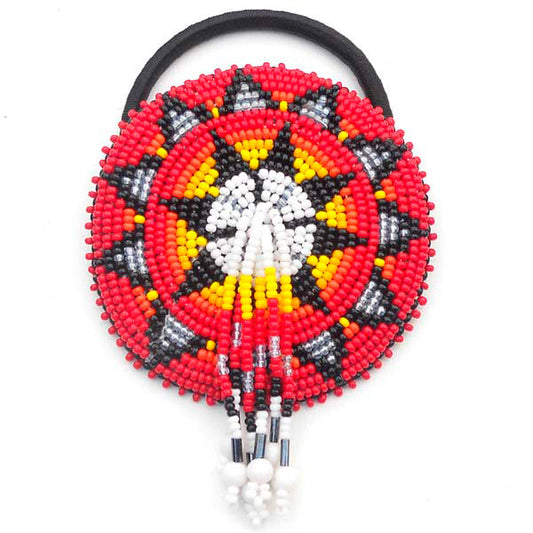 Beaded Ponytail Holder Hair Tie Red Fire Medallion Beadwork Fringe