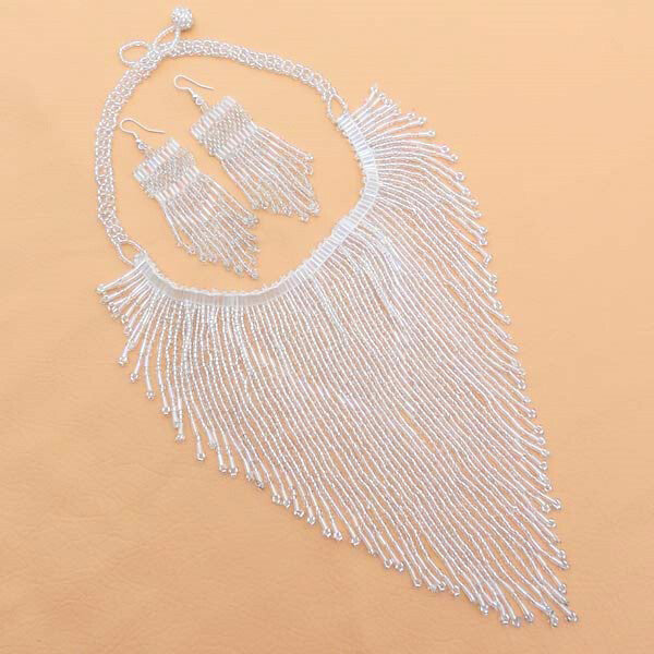 Handmade Beaded Silver Tone Seed Bead Bib Necklace