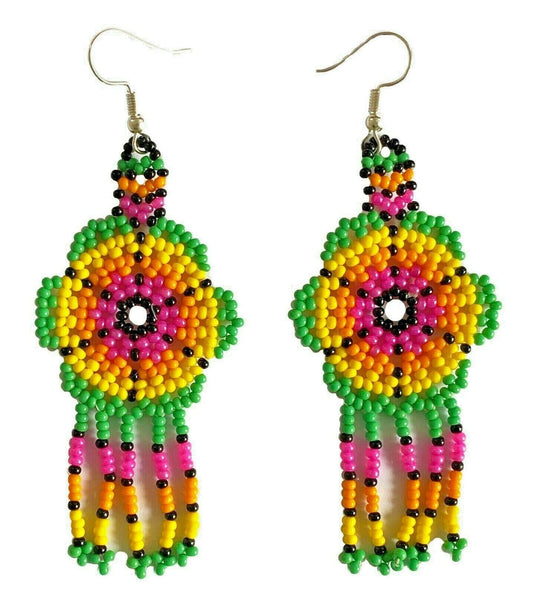 Native Style Handmade Ethnic Flower Green Beaded Chandelier Earrings E61/10