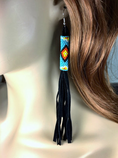 Handmade Beaded Black Fashion Tassel Fringe Suede Earrings