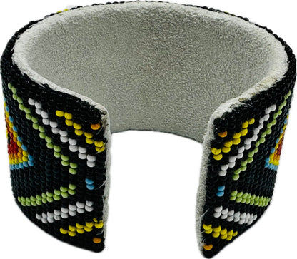 Handmade beaded Black Multicolored leather cuff bracelet