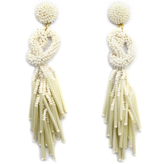 Handmade Beaded Solid Color Post Statement Earrings for Women Girl All Season - 4 inch Long Dangle with Celtic Knot Design - Czech Seed Beads - Pearl