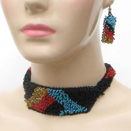 Handmade Beaded Black Seed Bead Choker Necklace Earrings Set