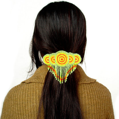 Beaded Barrette French Clip Yellow Green Rossette Fringe Beadwork