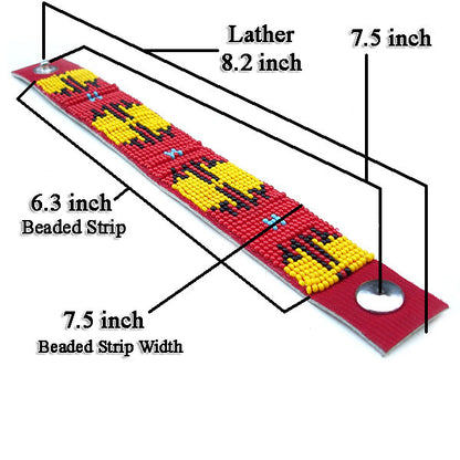 Adjustable Handmade Red Yellow Seed Soft Leather Cuff Bracelet - 7.5 inch Length, 0.9 inch Width