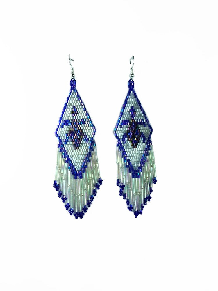 Handmade Beaded Iris Blue White Delica Seed Bead Turtle Big Earrings