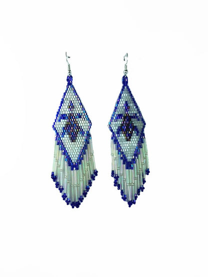 Handmade Beaded Iris Blue White Delica Seed Bead Turtle Big Earrings