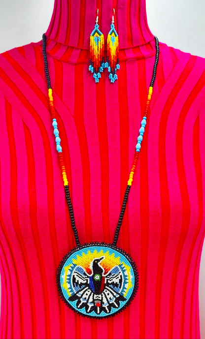 Handmade beaded Black Cyan Blue Eagle necklace earrings set