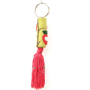 Apple Beadwork Red White Seed Beaded Key Ring Charm Leather