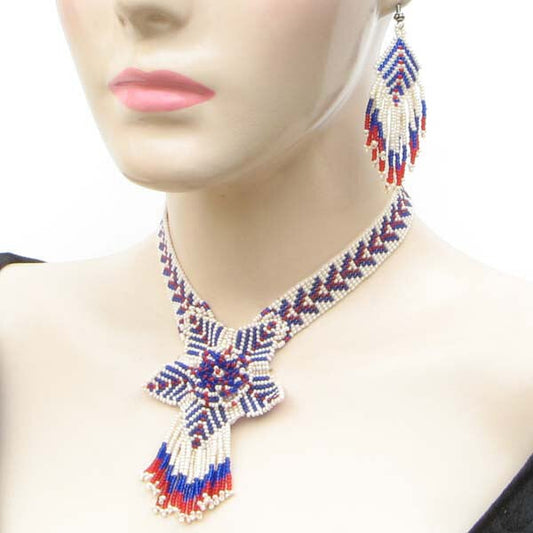 Handmade Beaded Cream Blue Seed Bead Statement Necklace Earrings Set