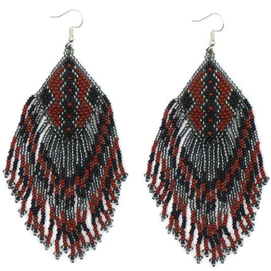 Handmade Beaded Brown Grey Seed Bead Big Earrings