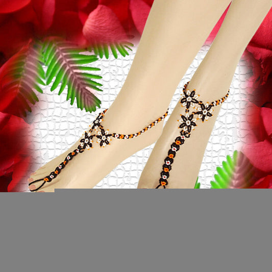 Black Orange White Flower Beadwork Beaded Barefoot Anklet