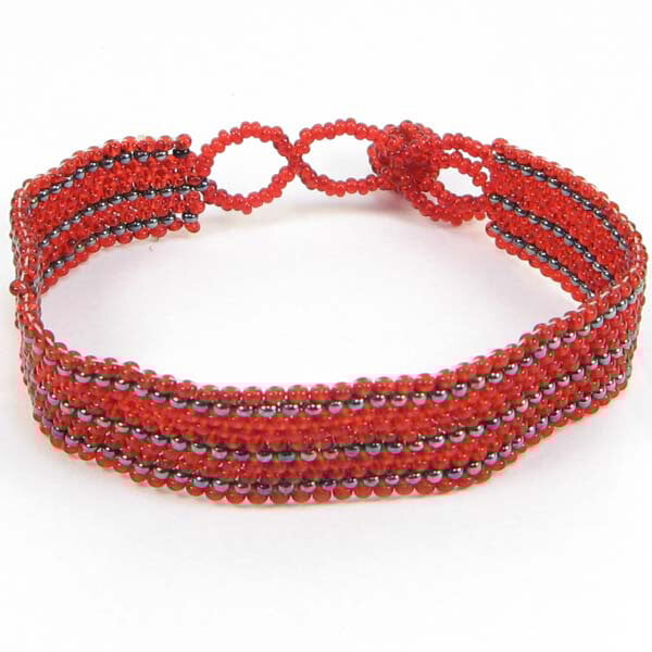 Ruby Red Seed Beaded Bracelet Soft Narrow Cuff