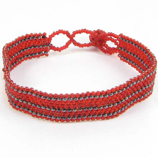 Ruby Red Seed Beaded Bracelet Soft Narrow Cuff