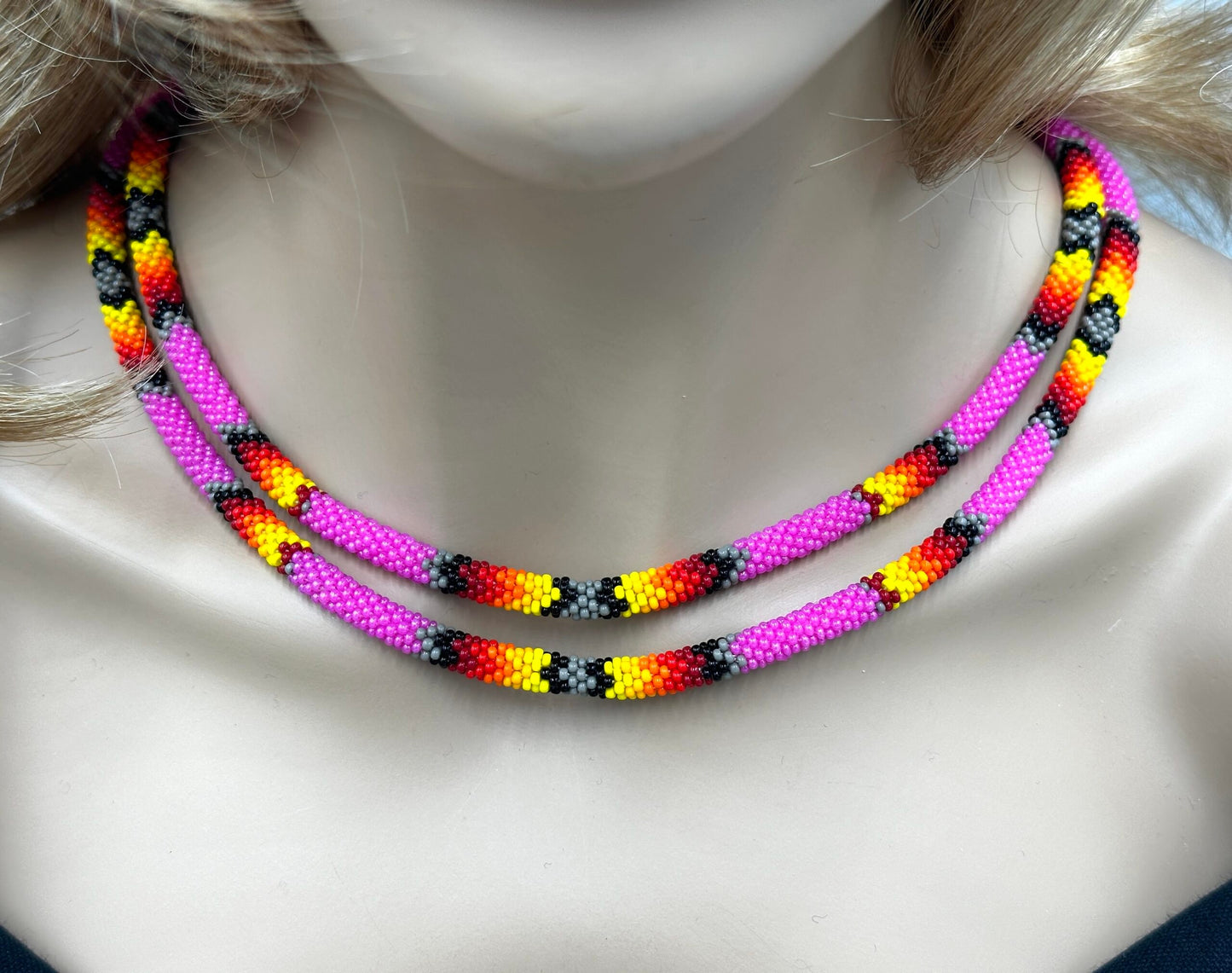 Handmade Beaded Deep Pink Rope double layered necklace